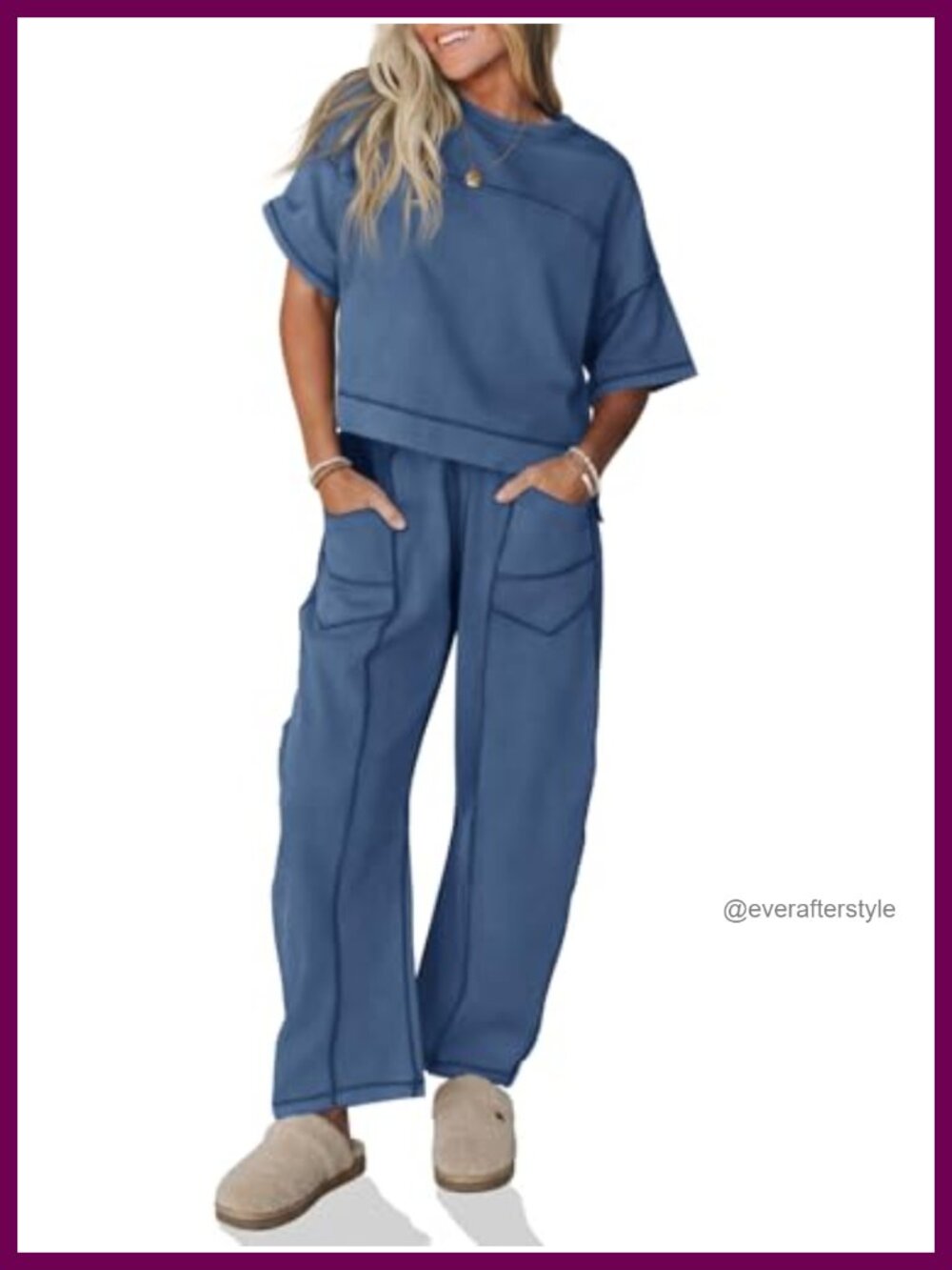 Women's 2 Piece Lounge Set Cotton Blend Short Sleeve Top Wide Leg Pants